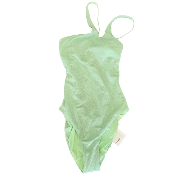 Becca Glimmer Metallic Asymmetrical Green One-piece Swimsuit NEW - Picture 3 of 7